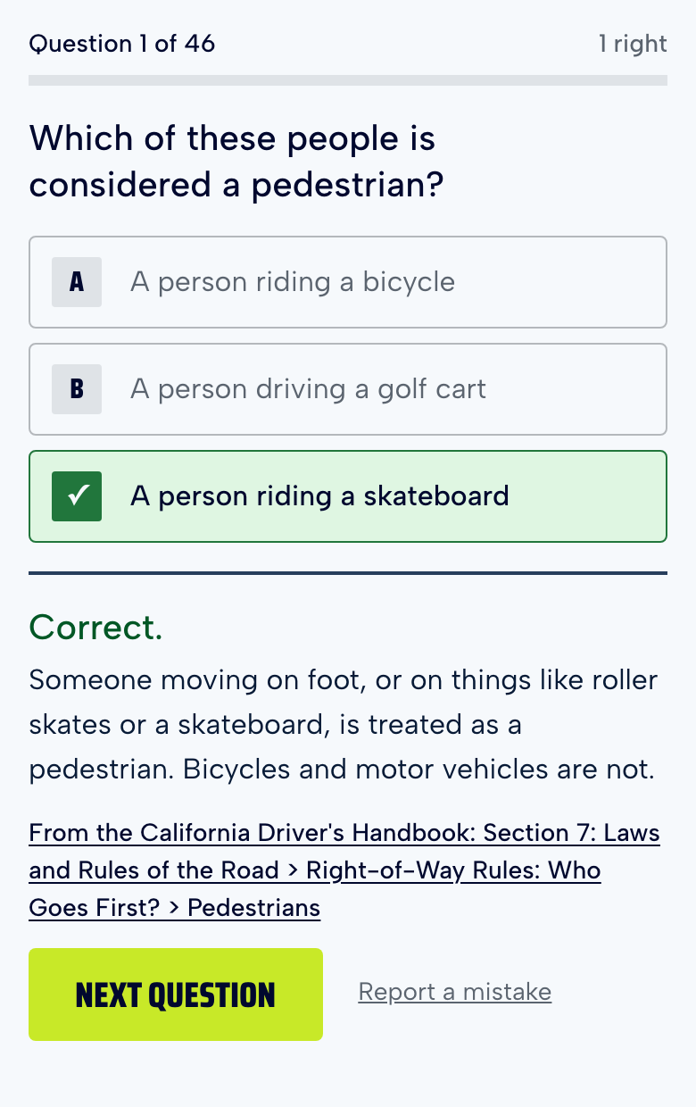 A FirstTry question answered correctly, with the explanation and the link to the handbook section it comes from