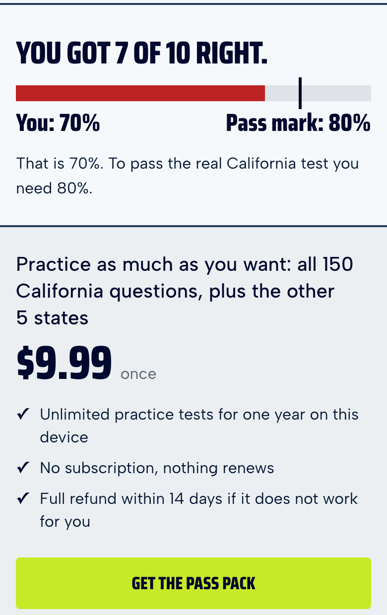The FirstTry score screen after ten questions: the score as a bar against the state's pass mark