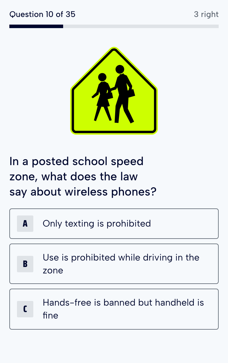 A FirstTry road sign question showing the sign itself above three answers